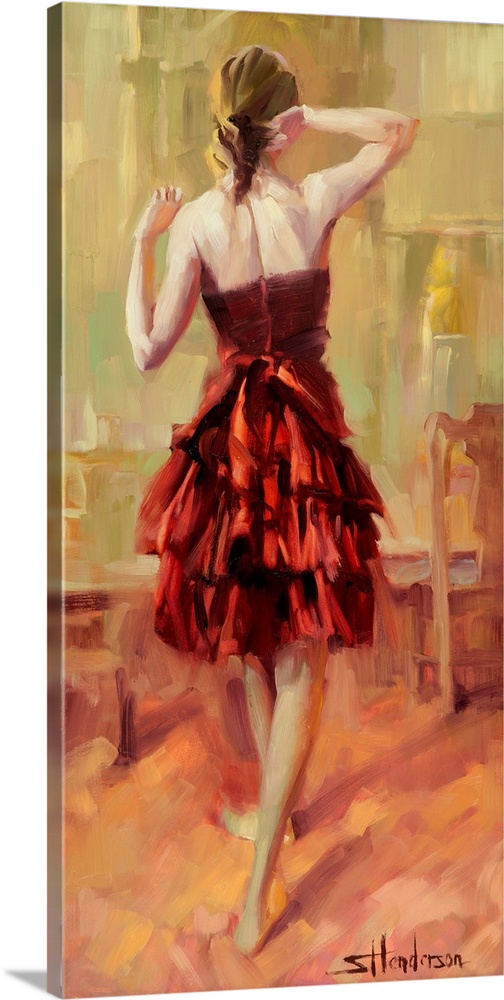 Traditional impressionist painting of a young woman in a rust or copper colored dress, standing gracefully like a dancer.