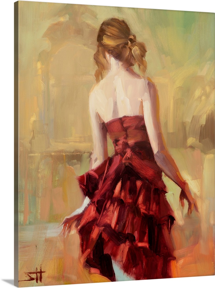 Traditional impressionist painting of a young woman in a rust or copper colored dress, standing gracefully like a dancer. ...