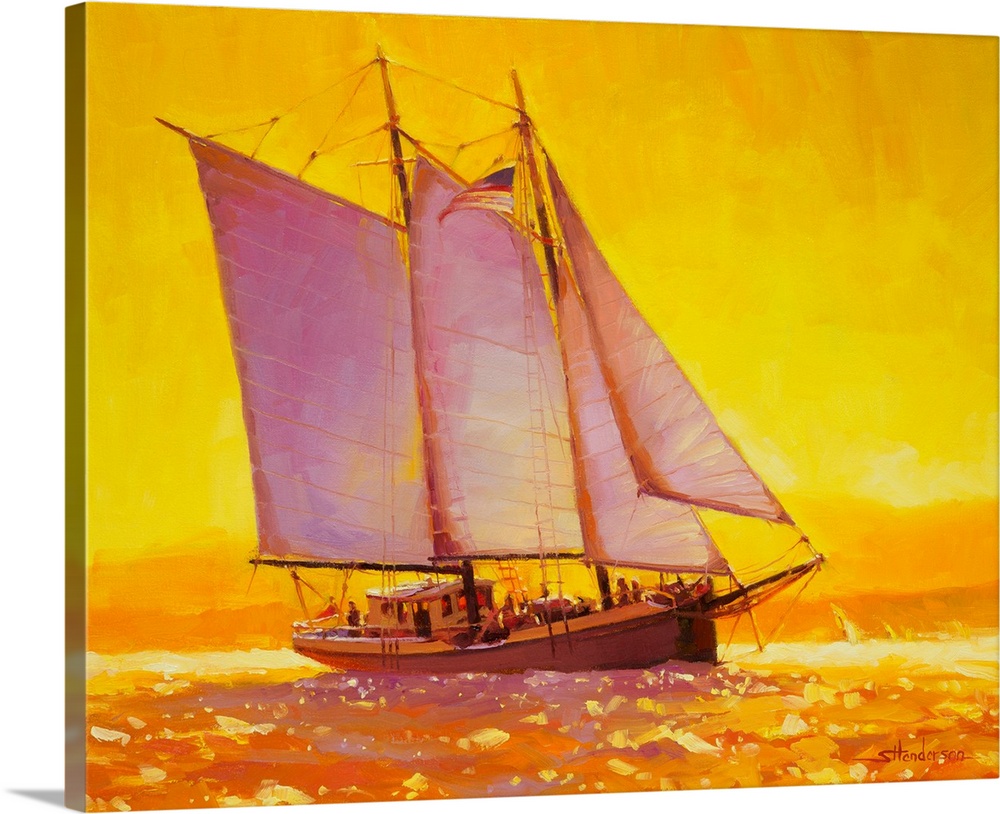 Traditional representational painting of a sailboat gliding through golden, glistening water reflecting the light of the s...