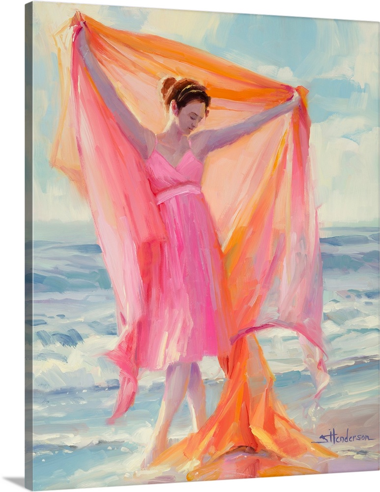 Traditional impressionist painting of a young woman, in a pink dress, dancing barefoot in the ocean surf on a sunny aftern...