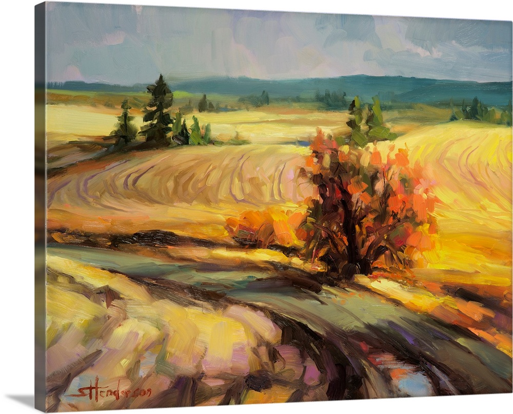 Traditional impressionist landscape painting of a winding country road, high in the hills of rural farmland.