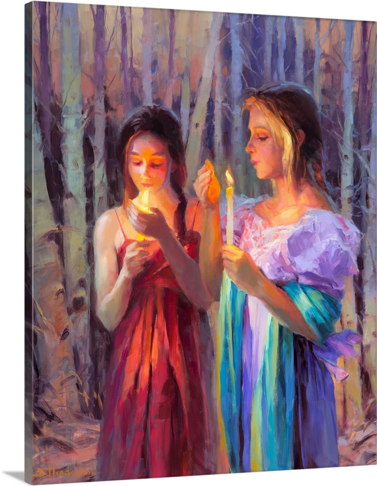Traditional representational painting of two women holding candles in the midst of a twilight, dusk and sunset forest