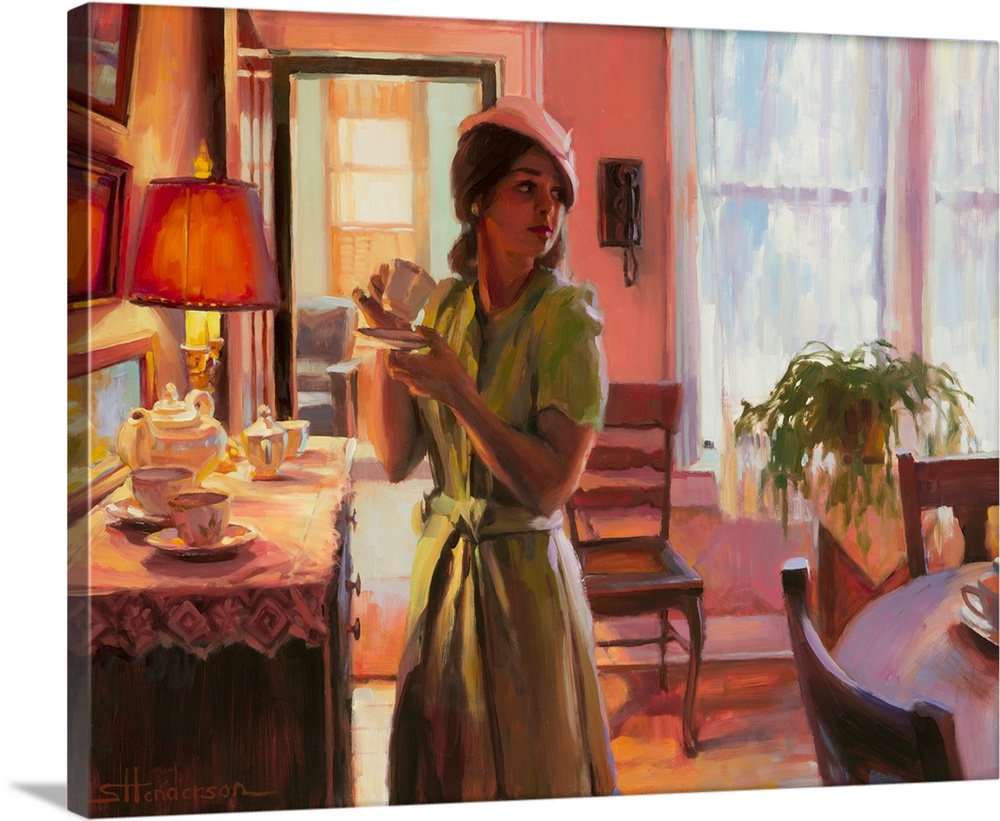Traditional representational nostalgic painting of a woman at the buffet sideboard, drinking a cup of tea in the dining room.