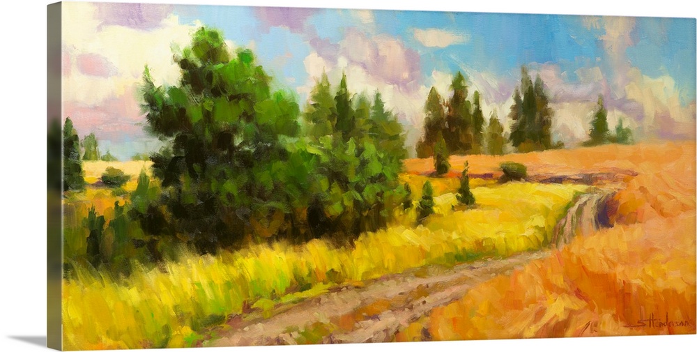 Traditional impressionist landscape painting of a country dirt road winding through a golden meadow and copses of trees.