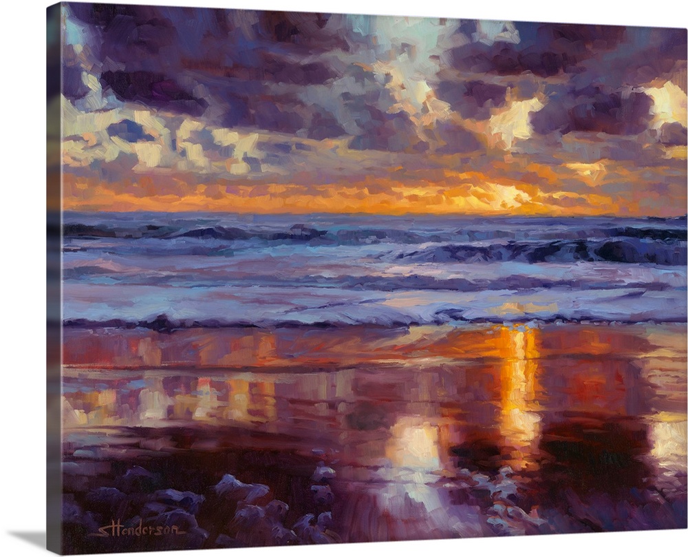 Traditional impressionist painting of a beach at sunset, showing sand, water, and sky in varying shades of purple