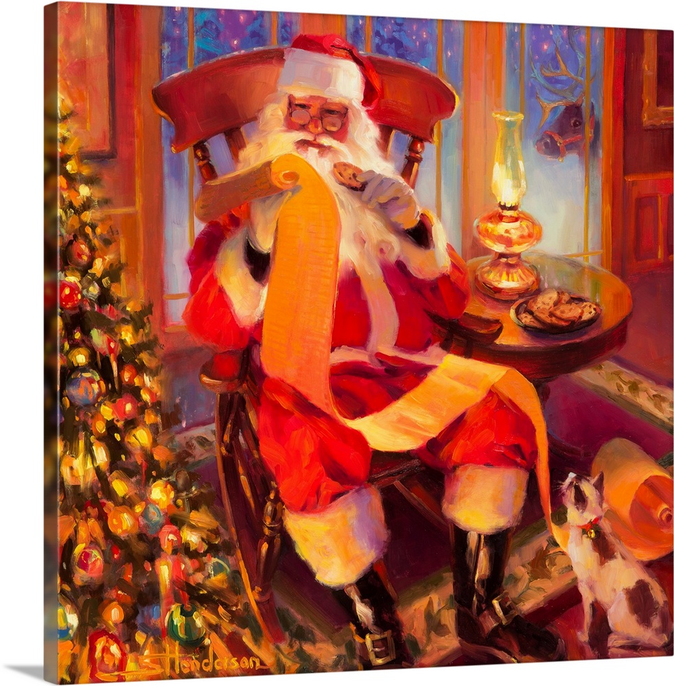 Traditional representational holiday Christmas painting of Santa Claus playing with a train set with a little boy under th...