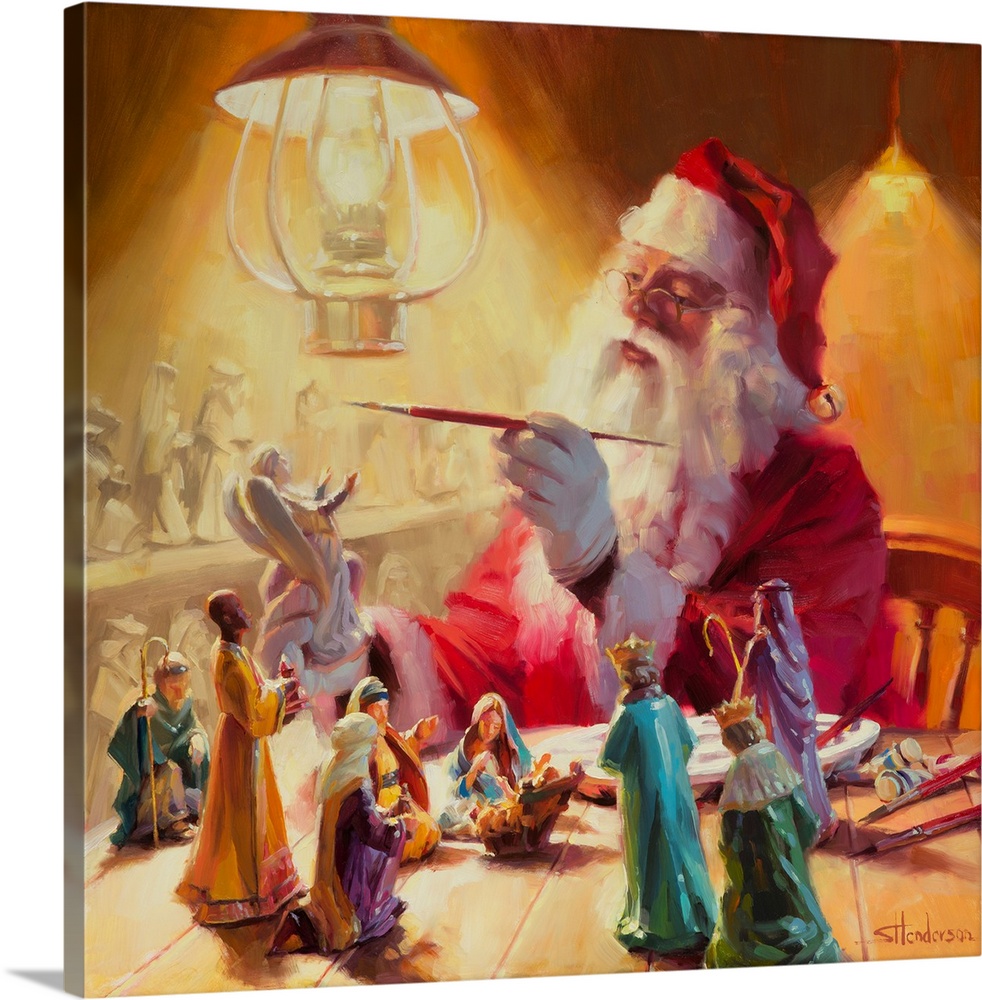Traditional representational holiday Christmas painting of Santa Claus holding a little girl up so she can place an angel ...