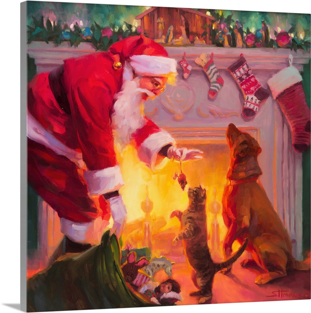 Traditional representational holiday Christmas painting of Santa Claus painting a Nativity set in his workshop