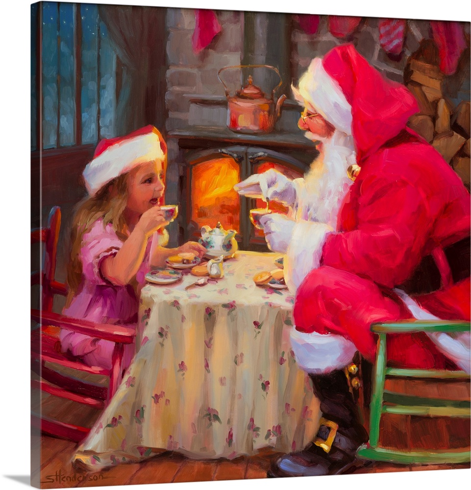 Traditional representational holiday Christmas painting of Santa Claus, and the family cat and dog by the stockings and fi...
