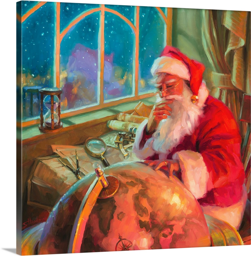 Traditional representational holiday Christmas painting of Santa in his workshop, holding up a magnifying glass to look at...