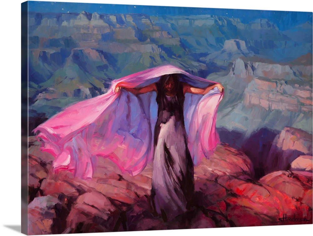 Traditional impressionist landscape of an indigenous woman wrapped in purple cloth, head bowed and arms outstretched, at t...