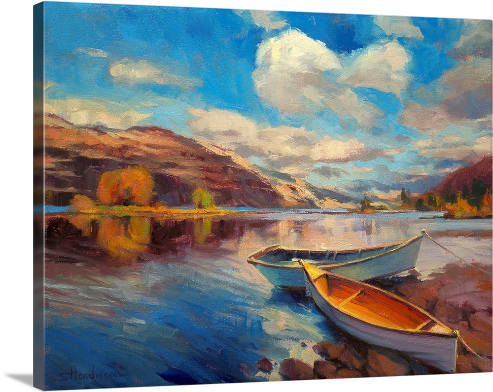 Traditional representational painting of rowboats along the bank of a peaceful blue river