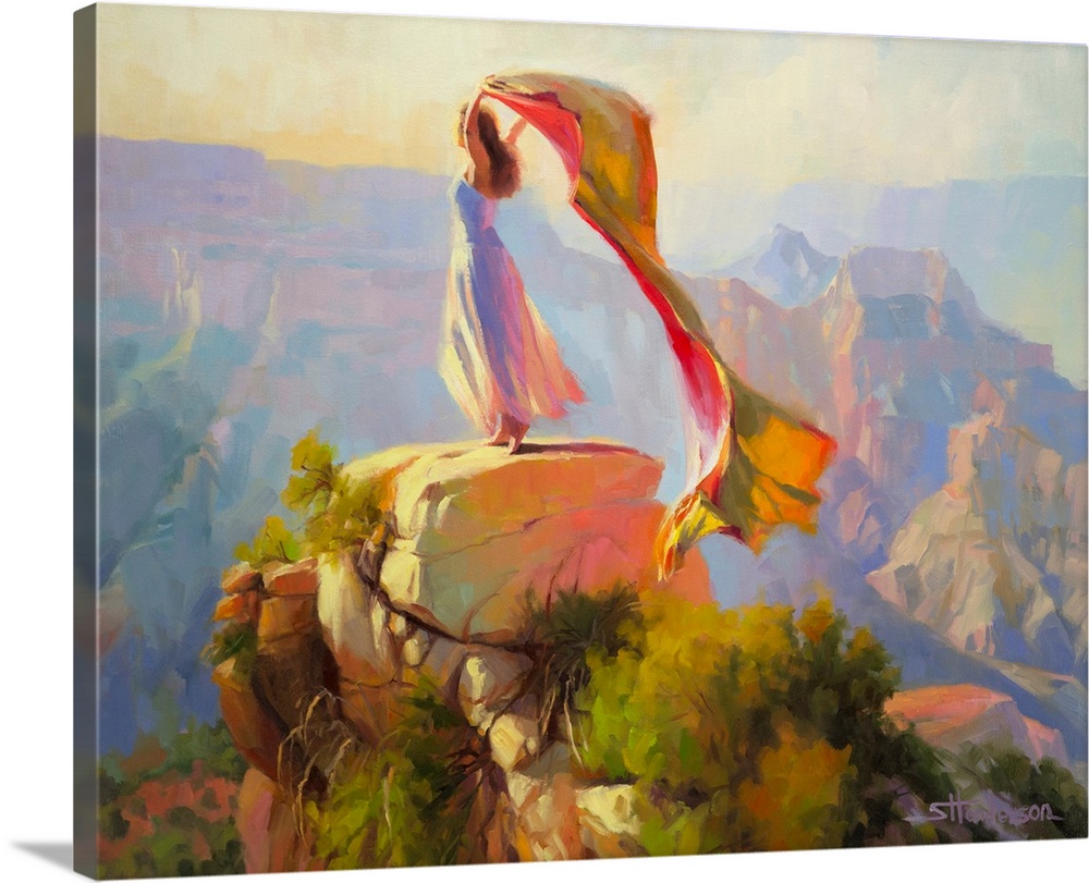 Traditional impressionist painting of faerie sprite standing on rock in Grand Canyon, arms raised and fabric flowing above
