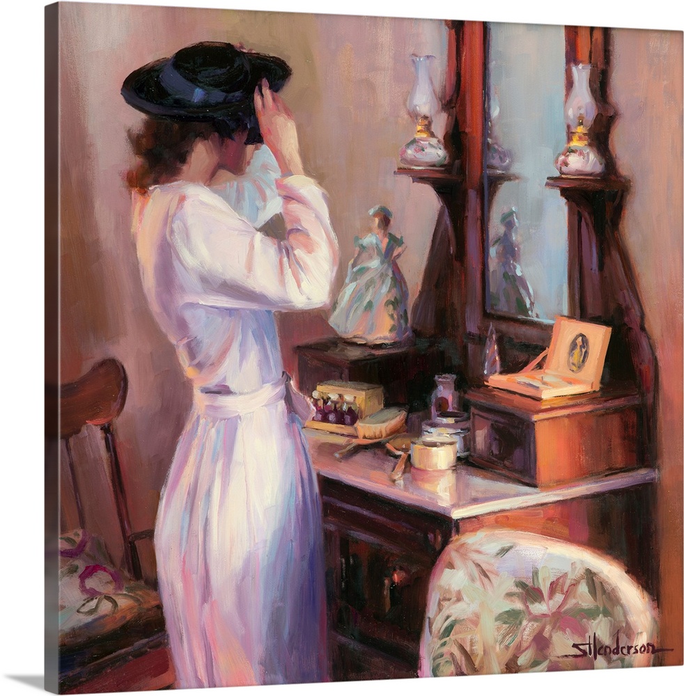 Traditional representational nostalgic painting of a woman in her bedroom boudoir trying on a hat in front of the mirror.