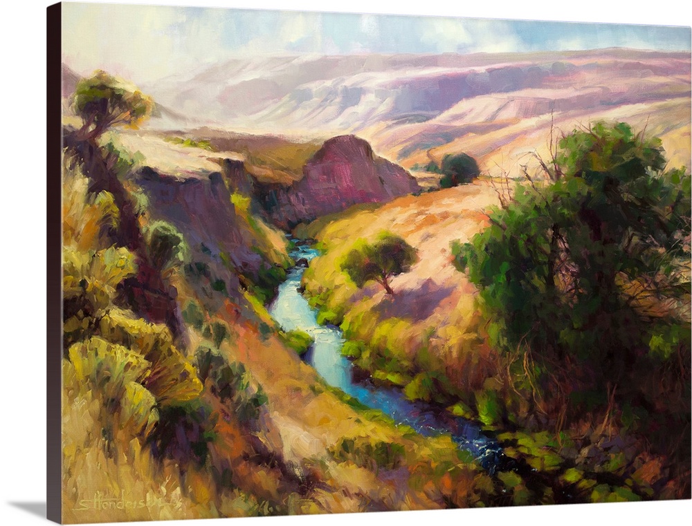 Traditional representational landscape painting of a shallow canyon with a river running through it. It is peaceful and re...