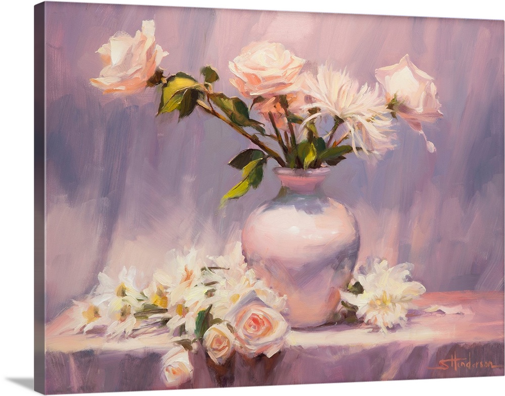 Traditional impressionist still life painting of a country vase of flowers with a shabby chic air.