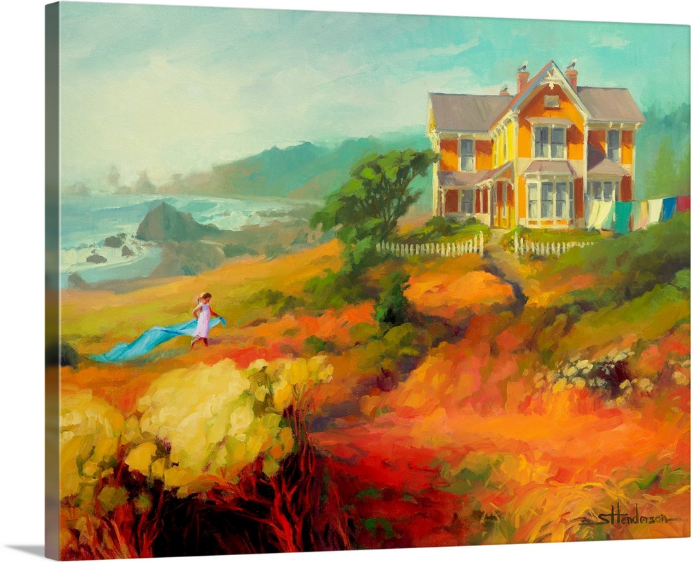 Traditional impressionist painting of a young child running and playing in front of her Victorian house at the seashore