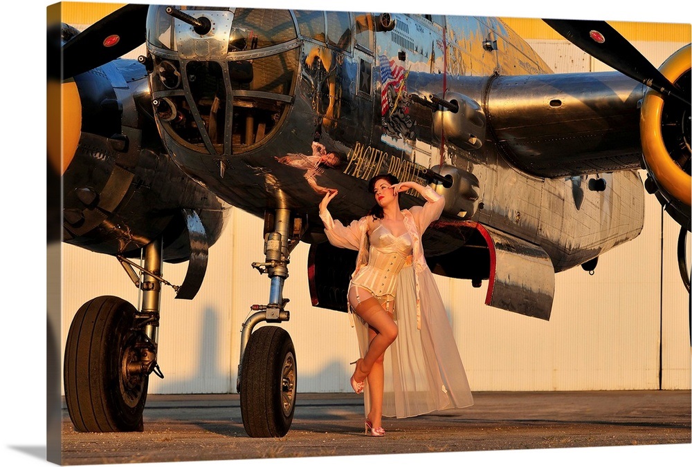 1940's pin-up girl in lingerie posing with a B-25 bomber Wall Art ...