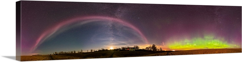 360 degree panorama of a colorful auroral arc over the Canadian countryside.