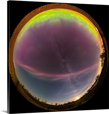 A 360 Degree Fish-Eye Panorama Of A Colorful Auroral Arc, Alberta, Canada