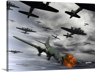 A B-17 Flying Fortress is set ablaze by a German Interceptor Fighter Plane