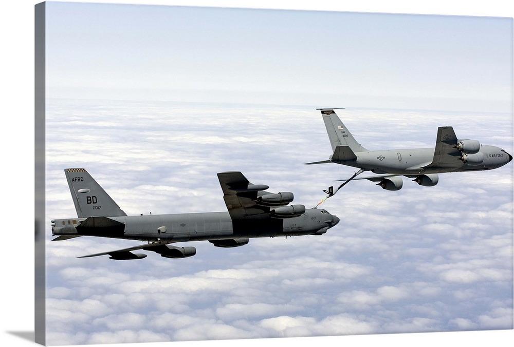 A B-52H Stratofortress refuels with a KC-135R Stratotanker of the Mississippi Air National Guard during a training sortie ...