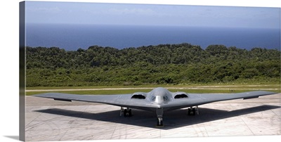 A B2 Spirit stealth bomber waits on the flightline