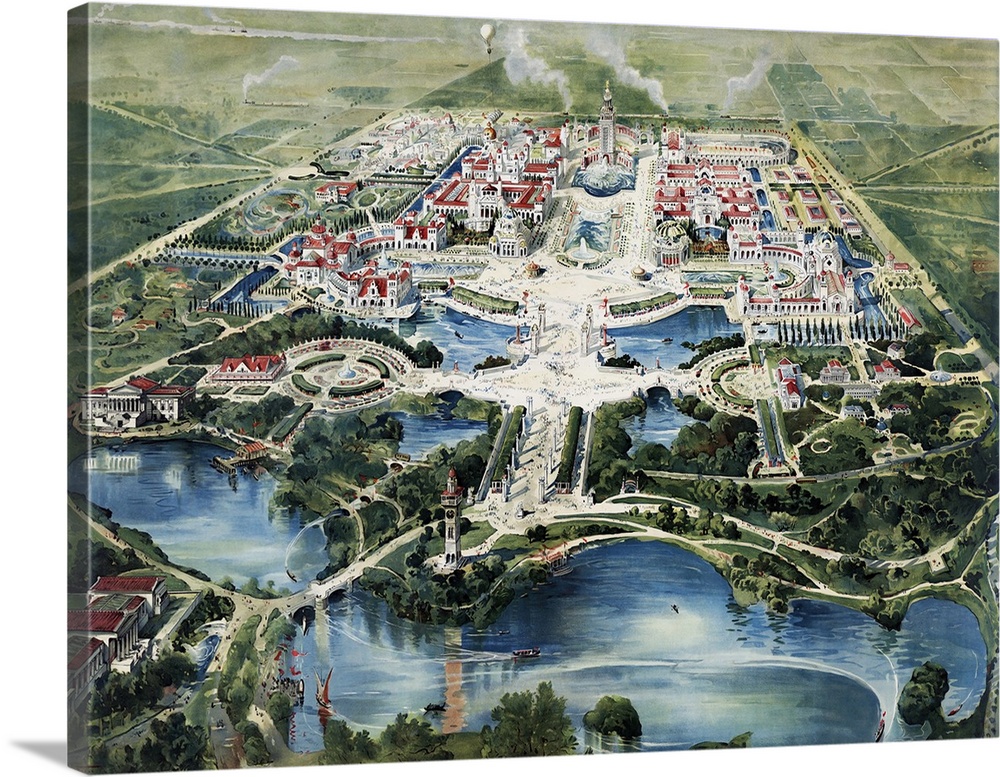 A birdseye view of the Pan-American Exposition held in Buffalo, New York, occupying 350 acres of the western edge of Delaw...