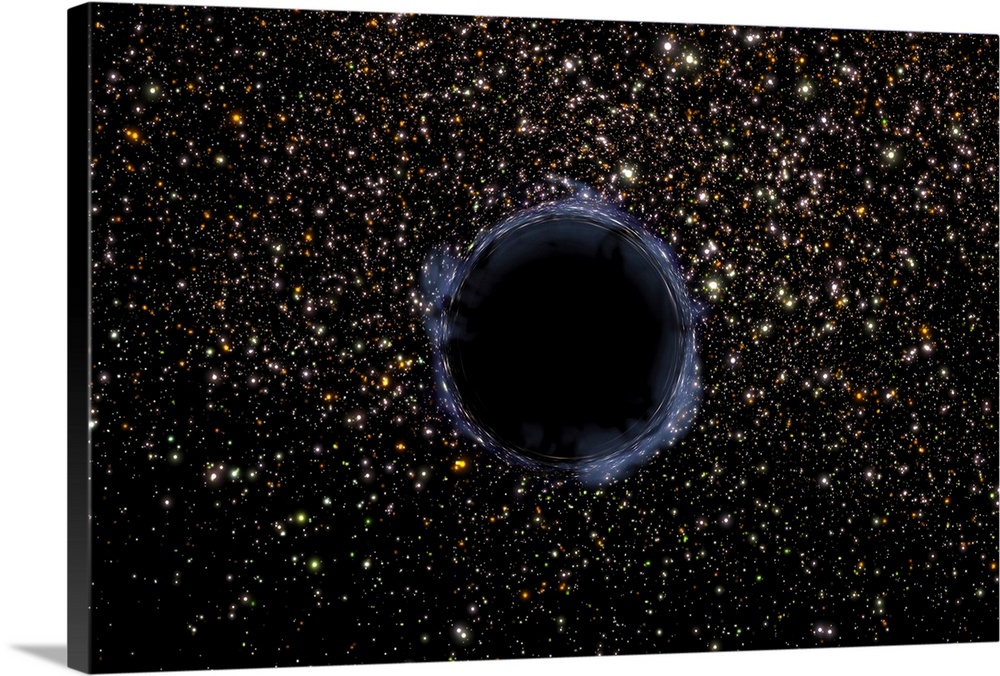 Landscape, large wall picture of a black hole surrounded by a globular cluster of many stars.