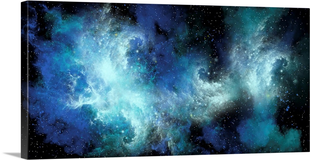 A blue nebula forms dense clusters of interstellar clouds.