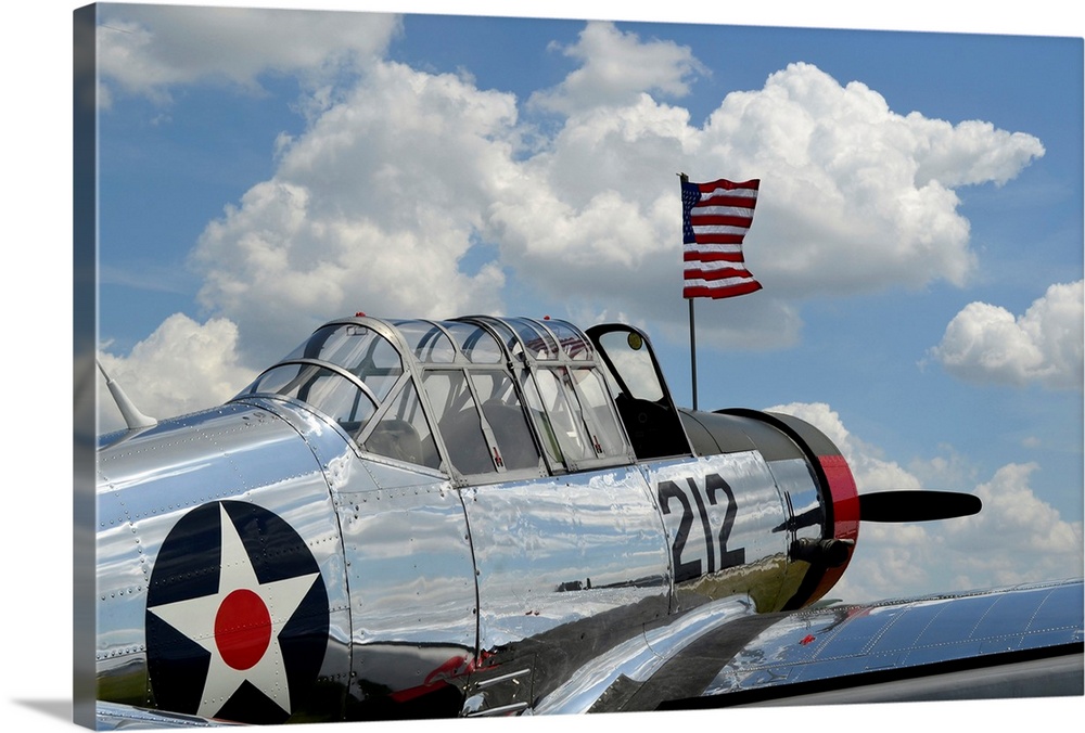 A BT-13 Valiant trainer aircraft with American Flag.