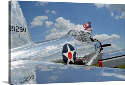 A BT-13 Valiant trainer aircraft with American Flag
