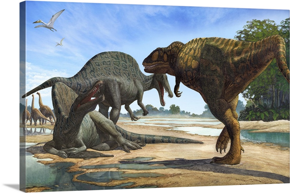 A Carcharodontosaurus invades the territory of two Spinosaurus dinosaurs.