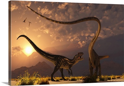 A carnivorous Allosaurus in a deadly battle with a Diplodocus dinosaur at dawn.