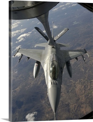 A Chilean Air Force F-16 refuels from a U.S. Air Force KC-135 Stratotanker