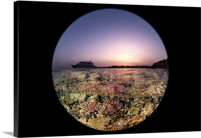 A Circular Split Shot Of A Boat On The Water At Sunset