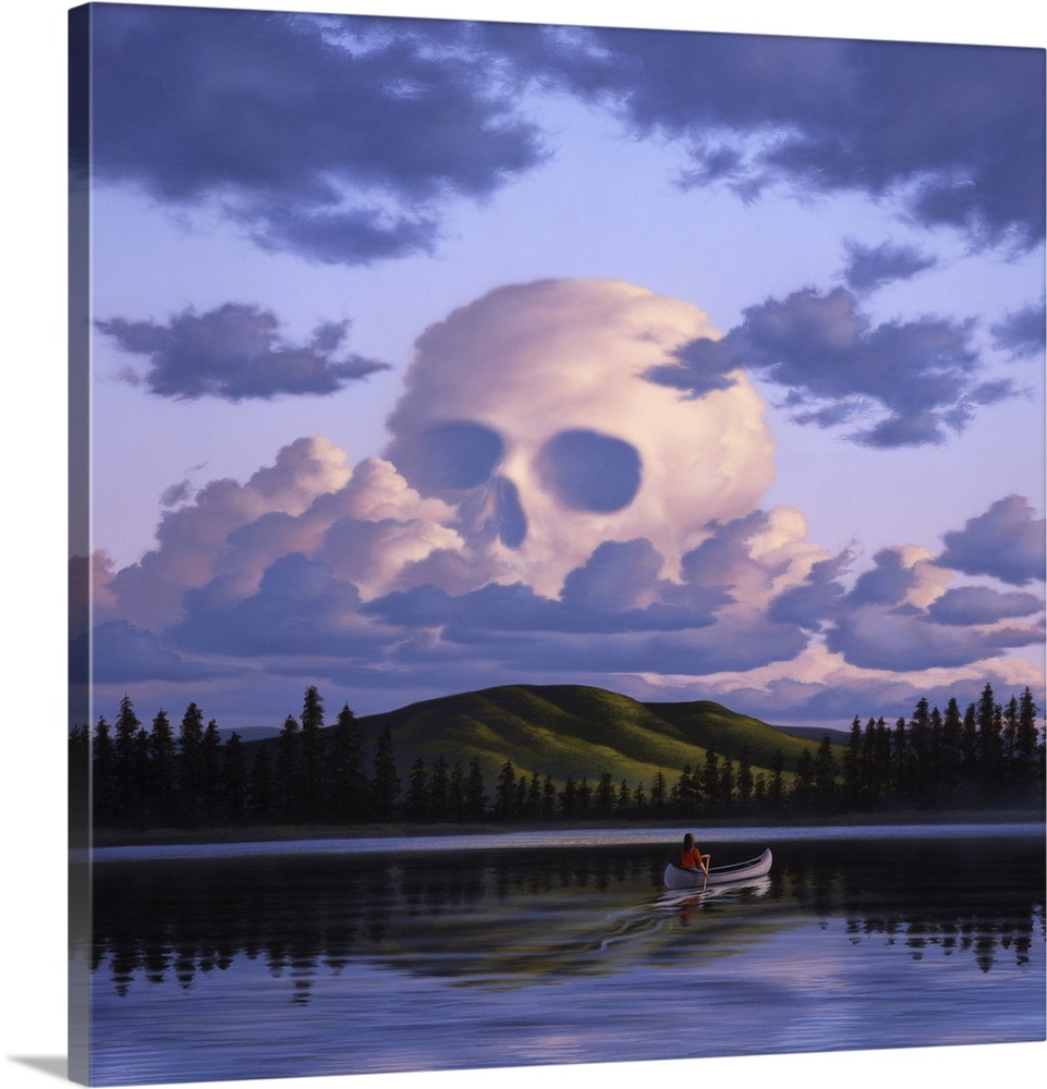 A cloud formation depicting a skull, with a lake and canoeist below.