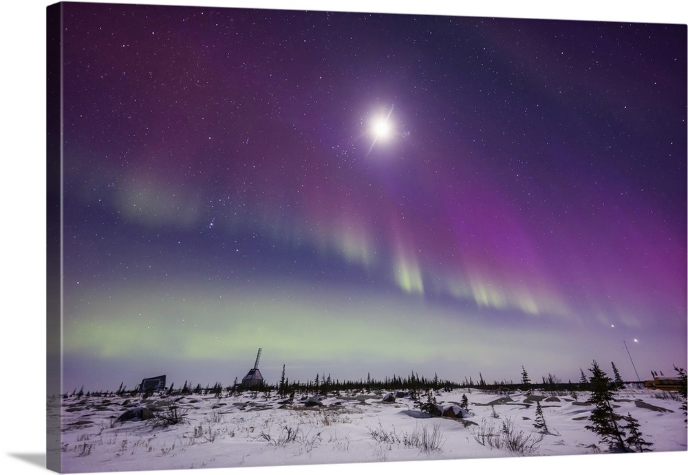 A Colorful Auroral Curtain In Moonlight Over The Old Churchill Rocket Range, Canada