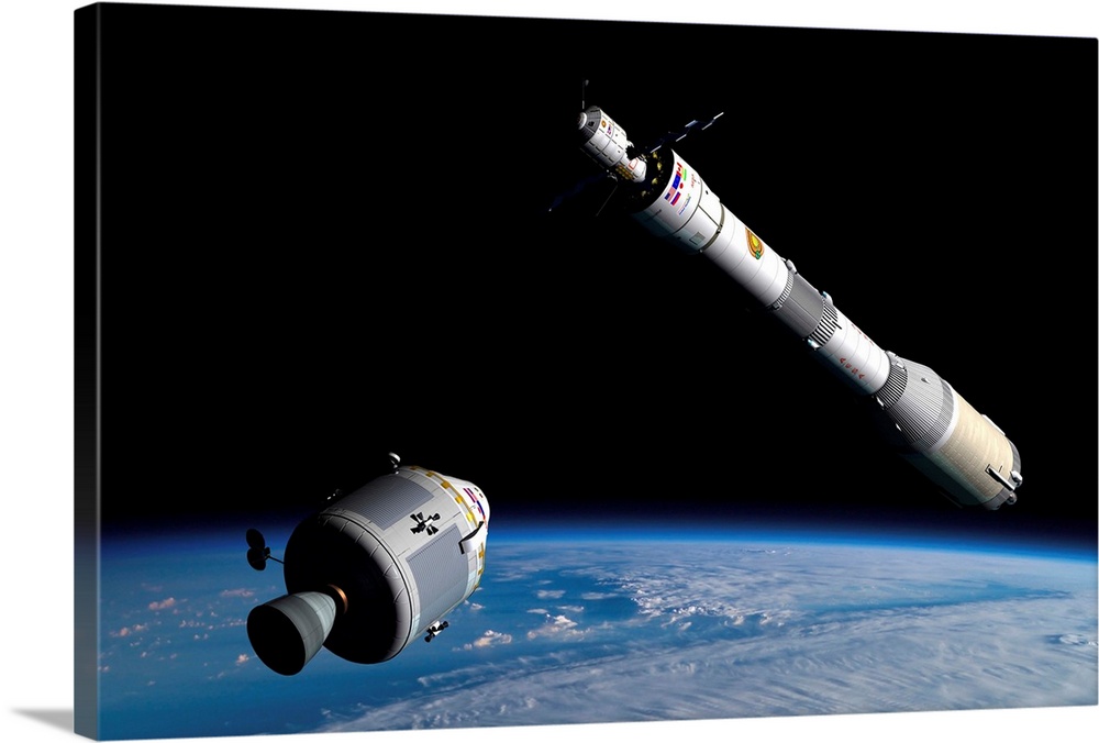 A command module approaches an awaiting rocket in Earth orbit.