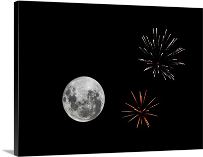 A composite image with fireworks and a new Moon