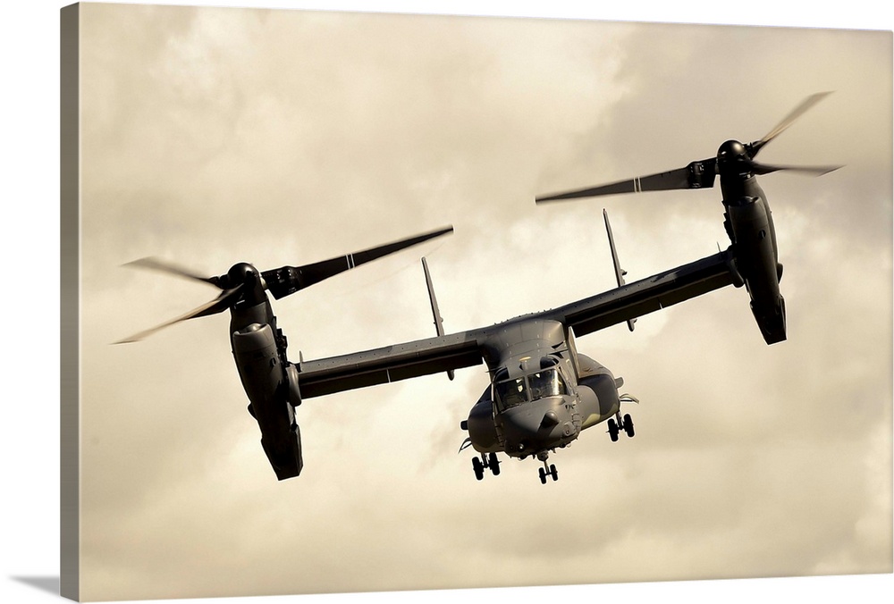 A CV-22B Osprey performs an aerial display of its capabilities.