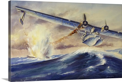 A damaged PBY Catalina aircraft after the attack and sinking of a German U-boat