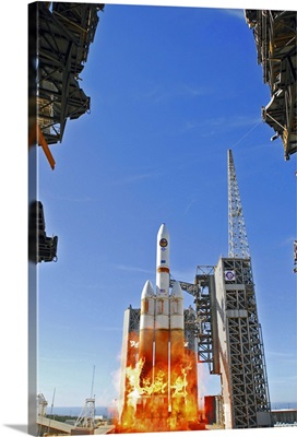 A Delta IV Heavy Launch Vehicle launches from Vandenberg Air Force Base
