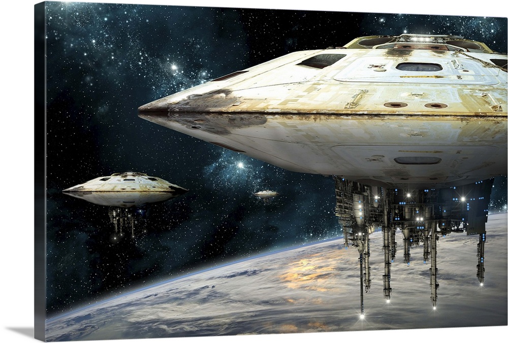 A fleet of massive spaceships take position over Earth for a coming invasion.