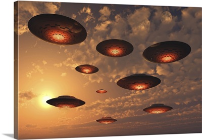 A fleet of UFO's flying in Earth's atmosphere.