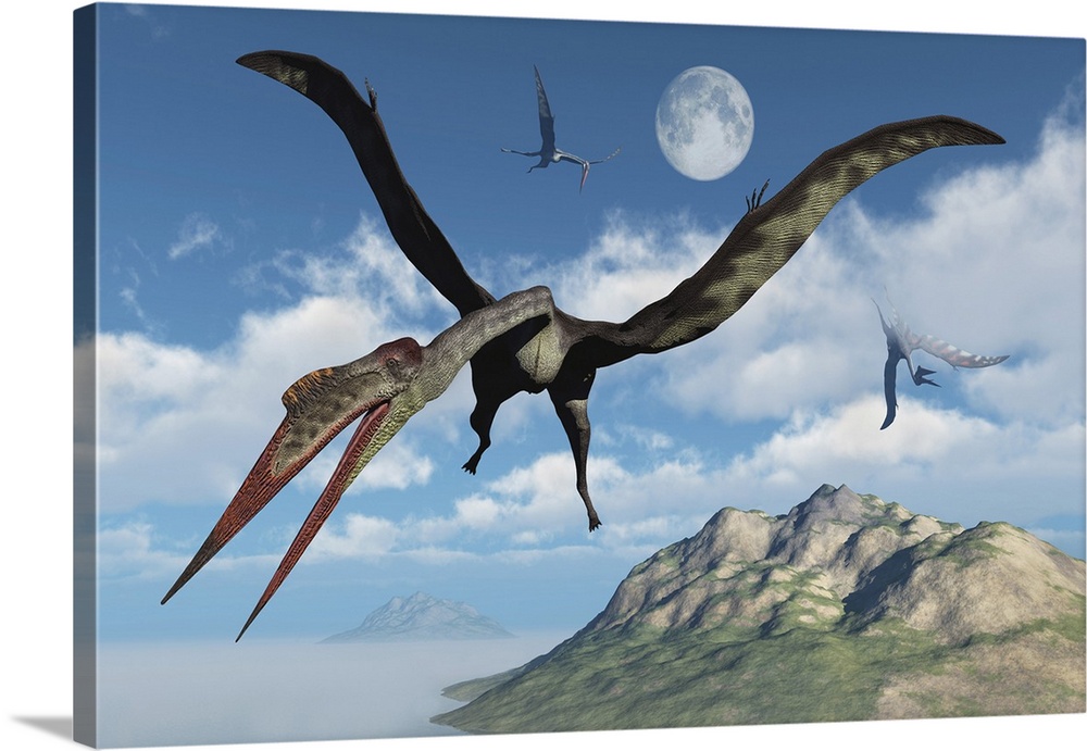 A flock of large Quetzalcoatlus flying over a prehistoric era island.