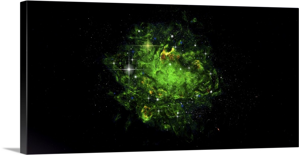 Artist's cocnept of a green nebula. A nebula is an enormous cloud of dust and gas occupying the space between stars and ac...