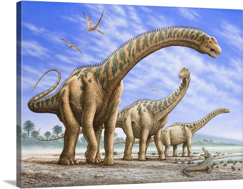 A group of Argentinosaurus dinosaurs. Ornithocheirus fly overhead, while a Deinosuchus tries to scare them away below.