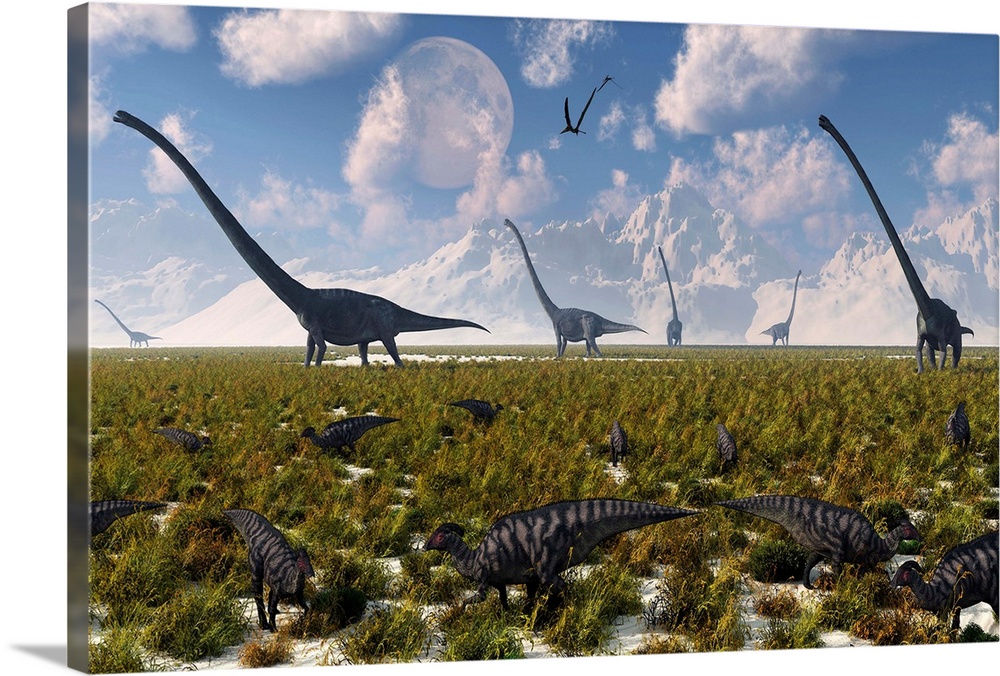 A mixture of sauropod and hadrosaur dinosaur herds grazing together.