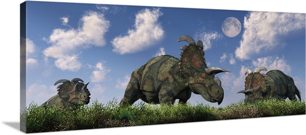 A herd of Albertaceratops grazing on a Cretaceous landscape.